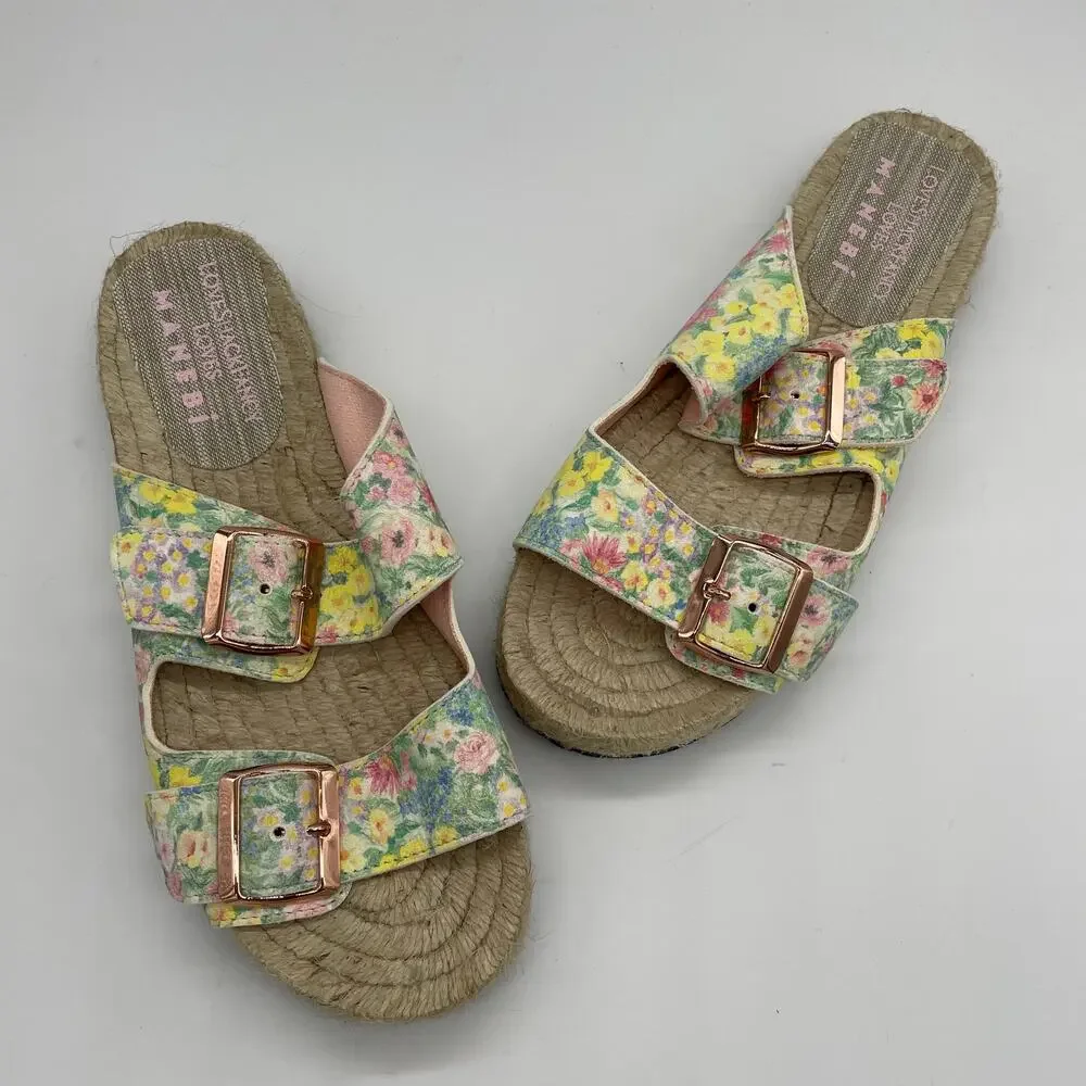 LoveShackFancy x Manebí Nordic Floral Leather Espadrille Slides - Rainbow Skies